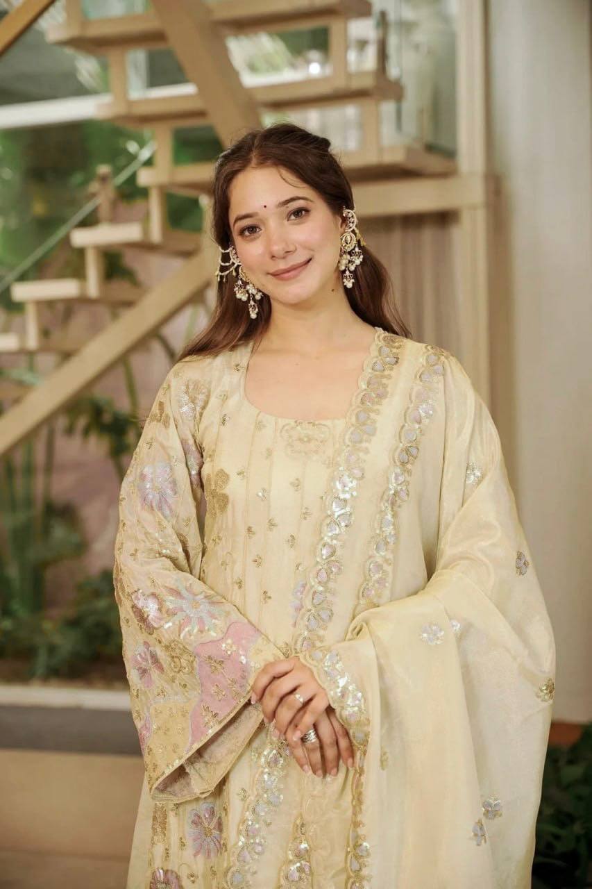Ethereal Cream & Pastels Sequined Floral Embroidered Silk Kurta with Wide Palazzo Pants & Embellished Dupatta Set for Women
