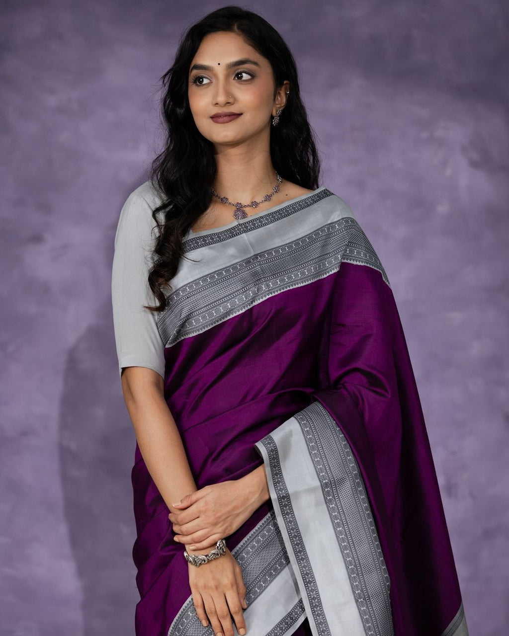 Purple Silk Saree with Silver Border