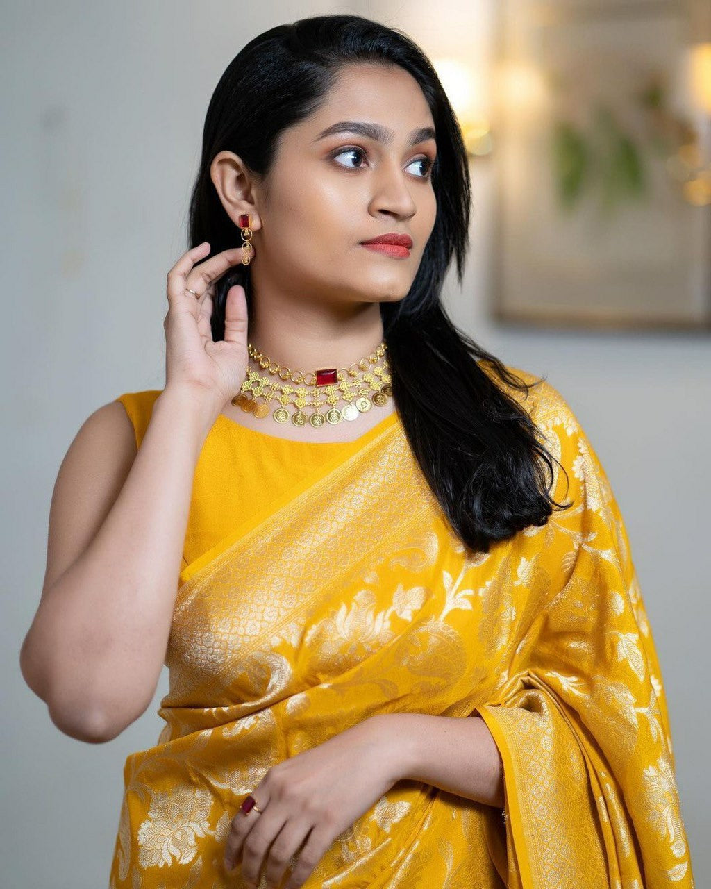 Golden Yellow Banarasi Silk Saree with Zari Work