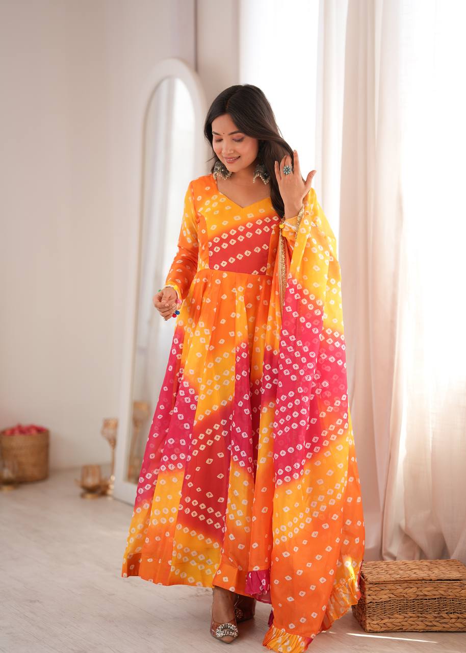 Yellow and Pink Bandhani Printed Anarkali Suit Set with Dupatta