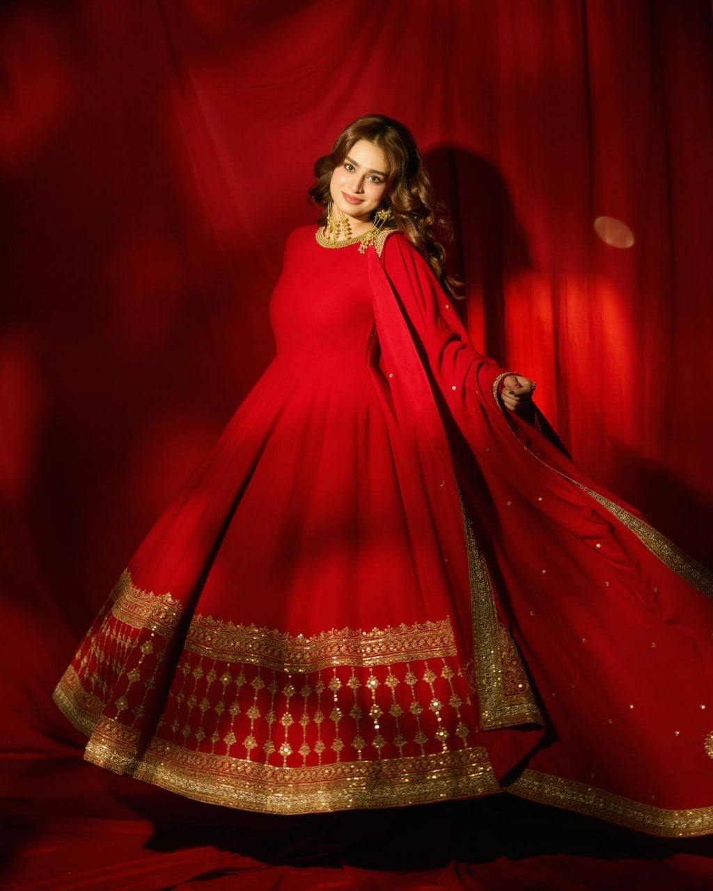 Regal Crimson Red Georgette Anarkali Gown with Heavy Gold Embroidered Border & Bordered Dupatta Set for Women