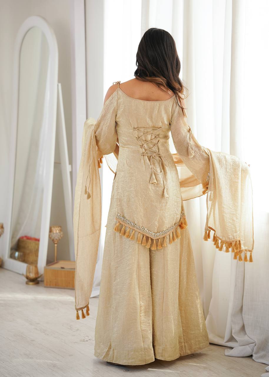 Beige Gold Tissue Silk Sharara Set with Cold-Shoulder Kurta & Tassel Dupatta