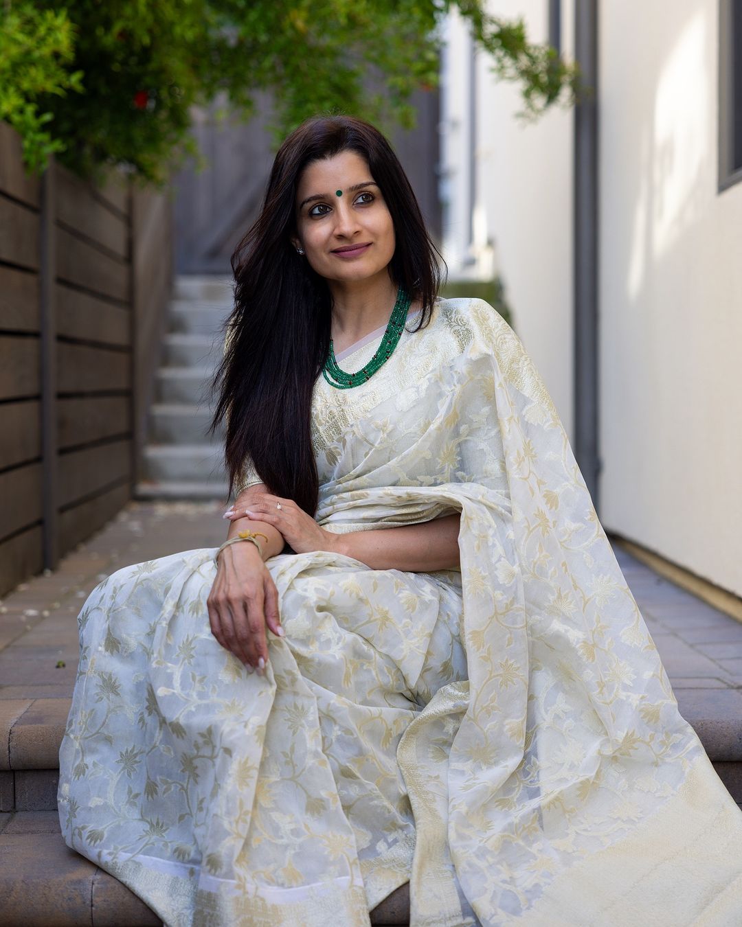White Organza Silk Saree with Gold Floral Zari Weaving