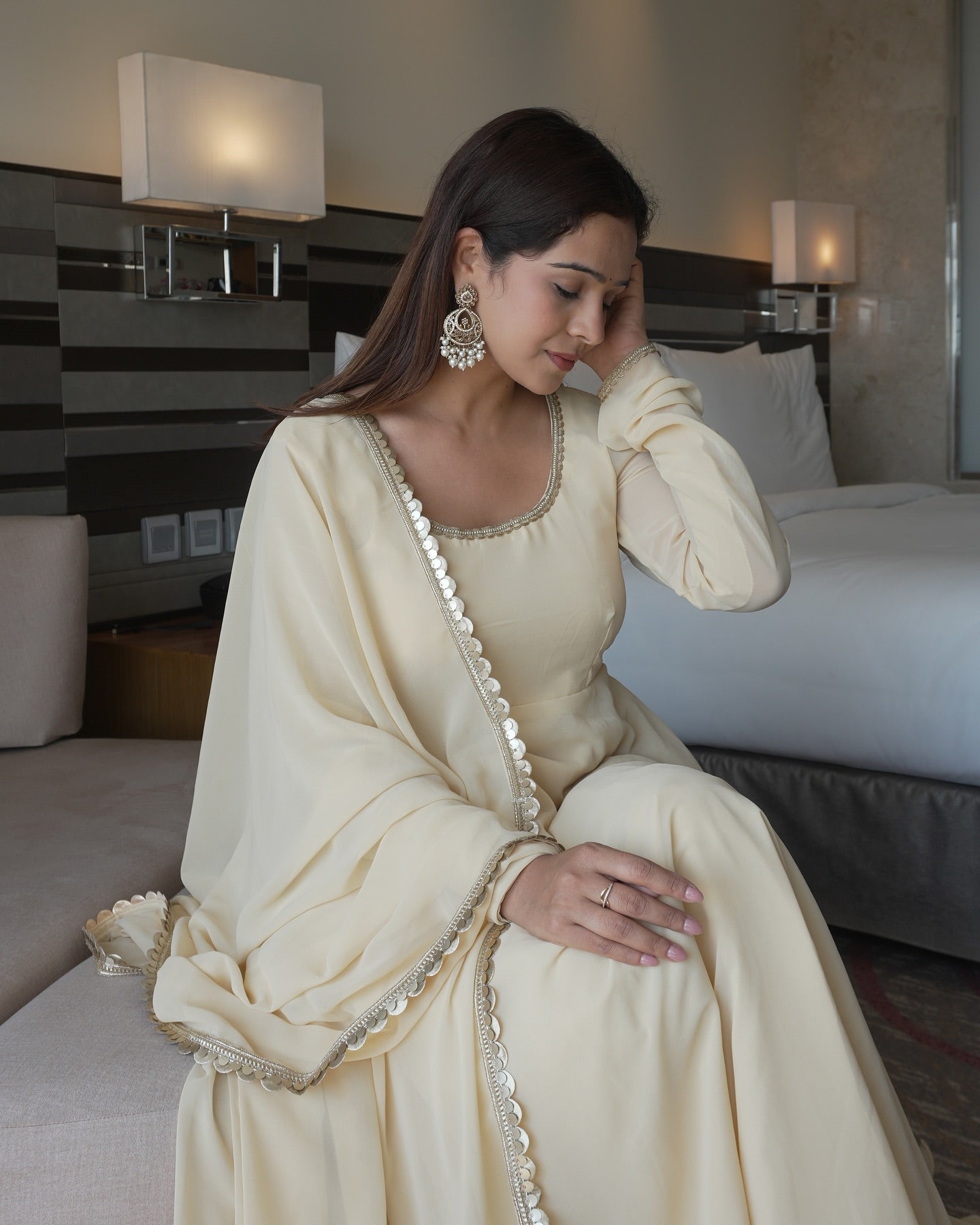 Cream Off-White Georgette Anarkali Suit Set with Mirror Border Dupatta