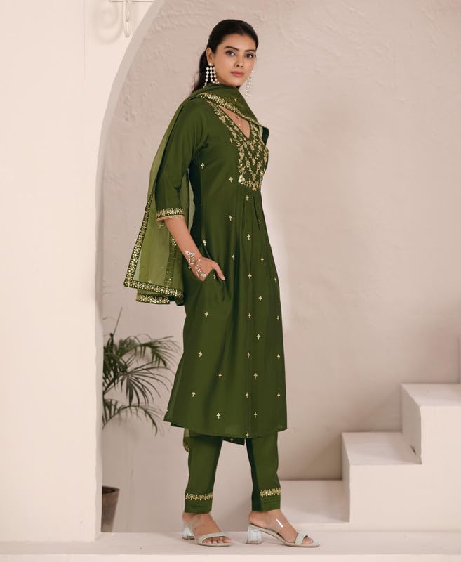 Olive Green Kurta Pant Set with Dupatta | Elegant Embroidered Ethnic Wear for Women