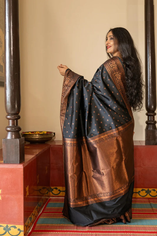 Elegant Black Satin Saree – Perfect Evening Glam