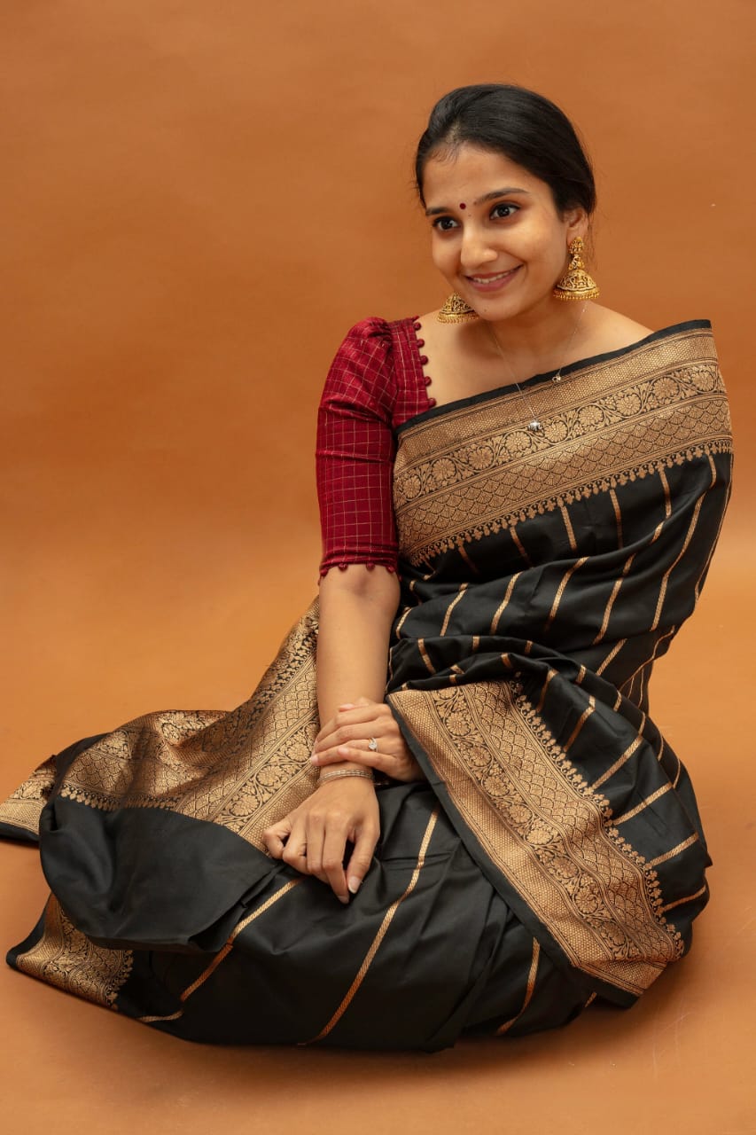 Black Silk Saree with Gold Zari Border