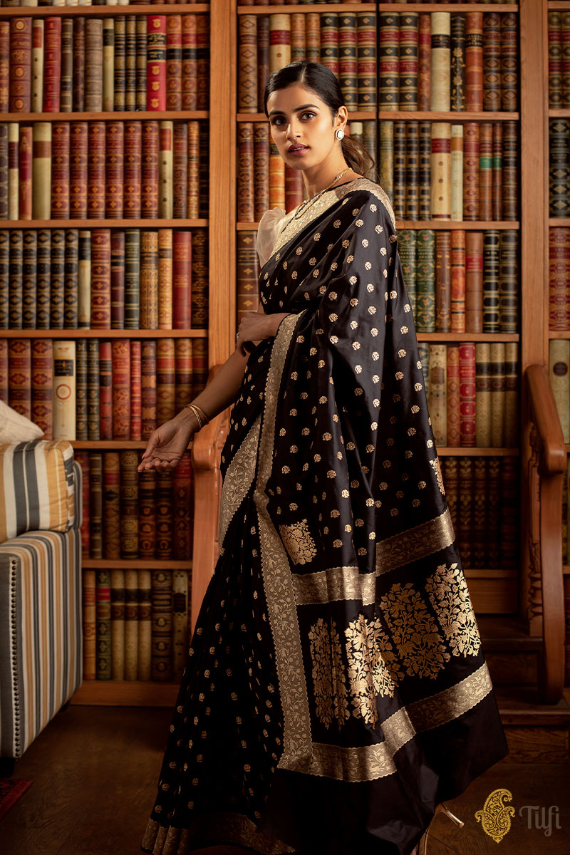 Black Banarasi Silk Saree with Gold Zari Border & Motifs