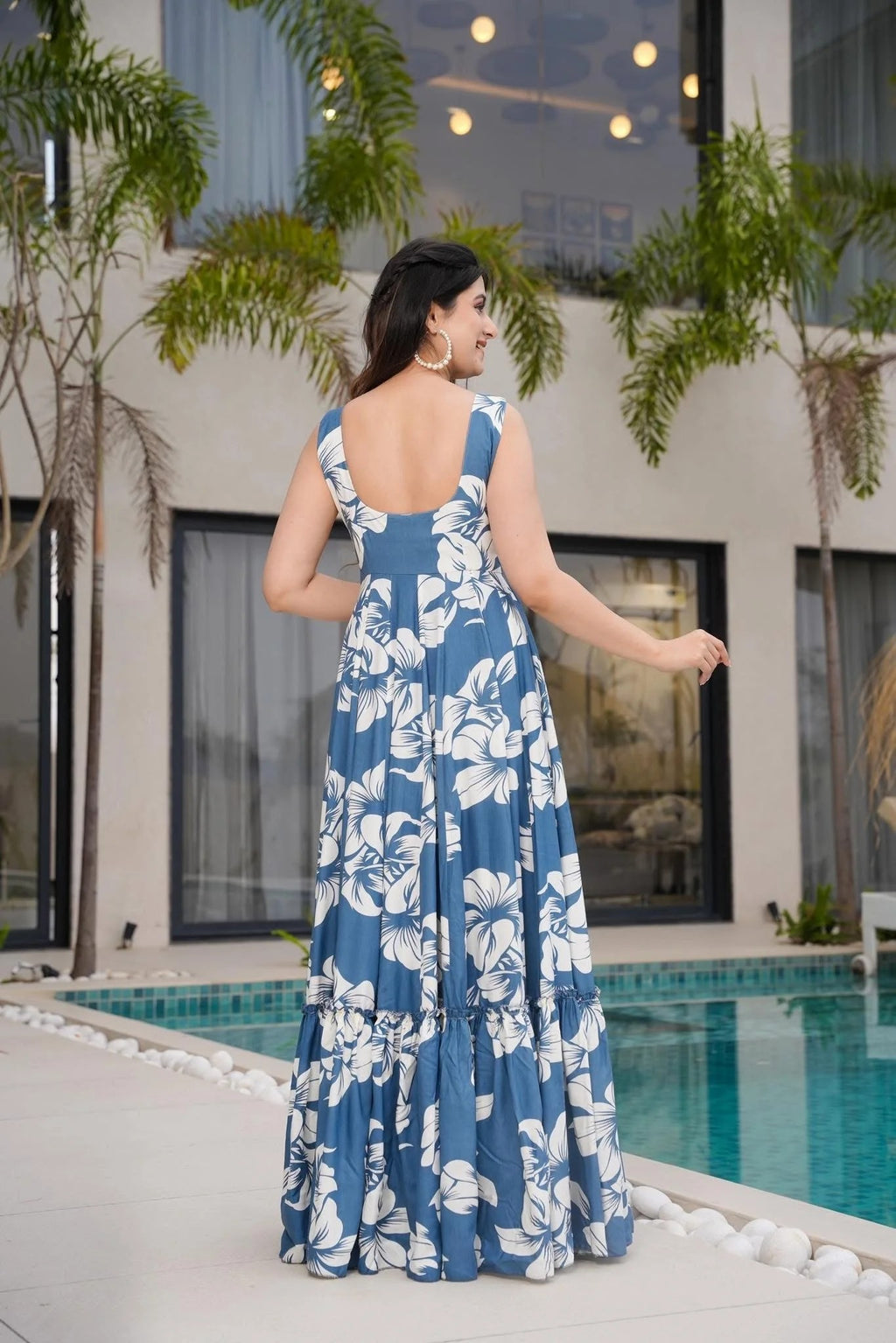 Blue Floral Maxi Dress for Women | Sleeveless Flared Long Dress