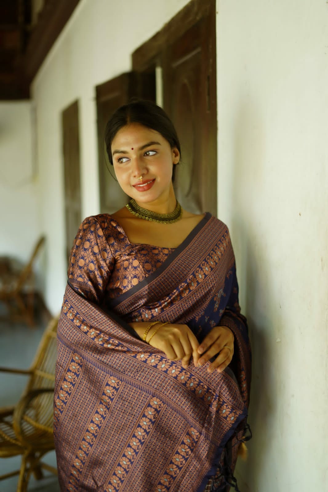 Navy Blue Silk Saree with Copper Floral Motifs
