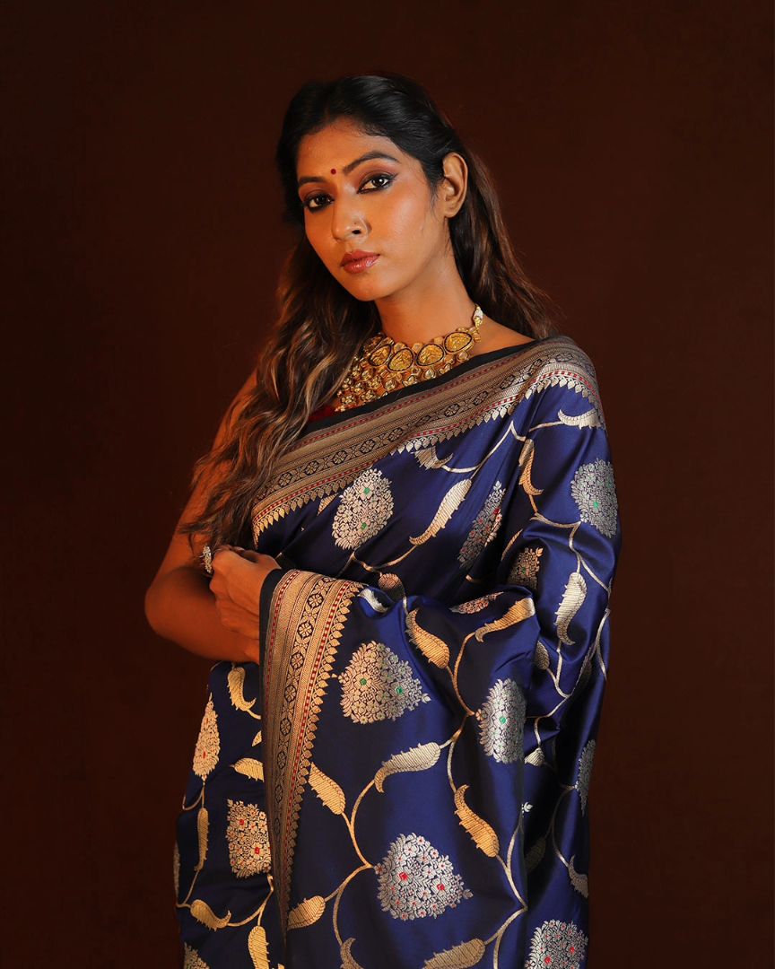 Navy Blue Banarasi Silk Saree with Gold & Silver Zari Work