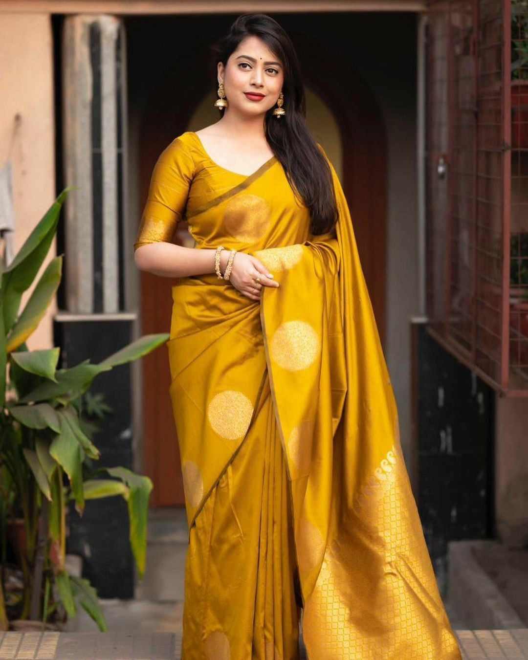 Gold Zari Polka Wedding & Festive Wear Saree