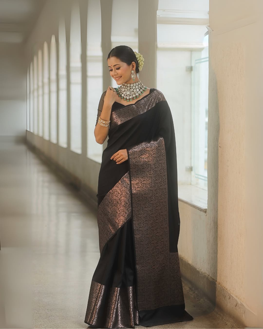 Black Silk Saree with Rose Gold Zari