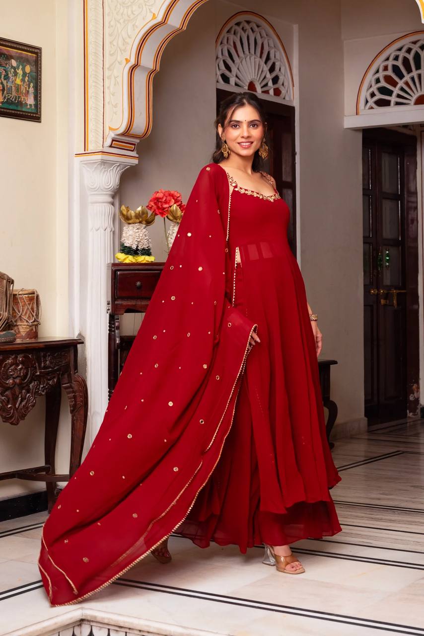 Royal Deep Red Strappy Georgette Anarkali Kurti with Flared Bottoms & Gold Embroidered Dupatta Set for Women