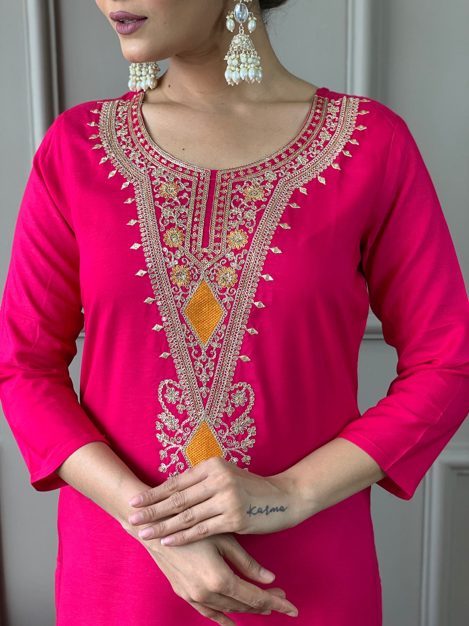 Pink Embroidery Straight Kurta Set