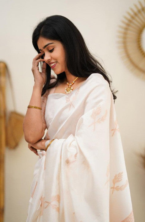 Elegant White Soft Silk Saree with Peach Border for Women