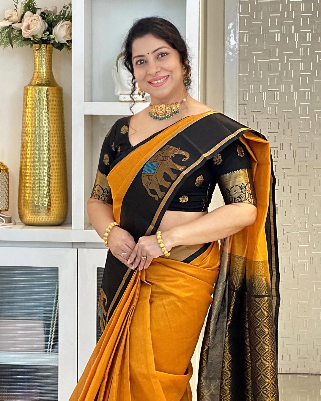 Mustard Yellow & Black Silk Saree with Zari Border