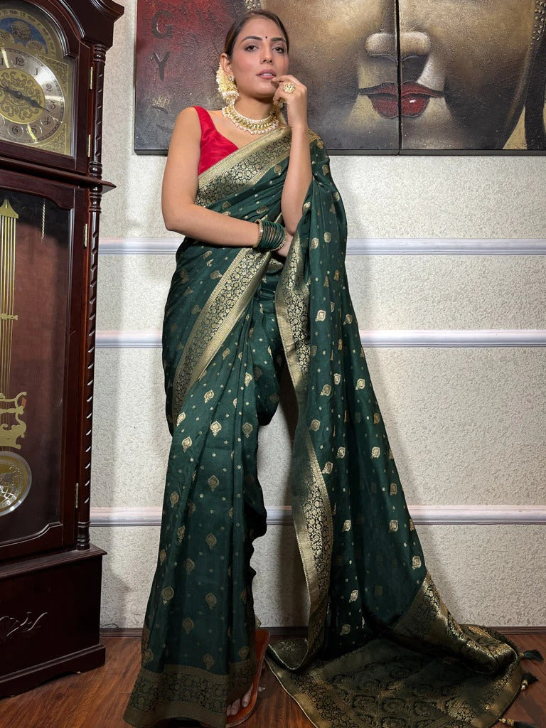 Bottle Green Silk Saree with Gold Zari Work