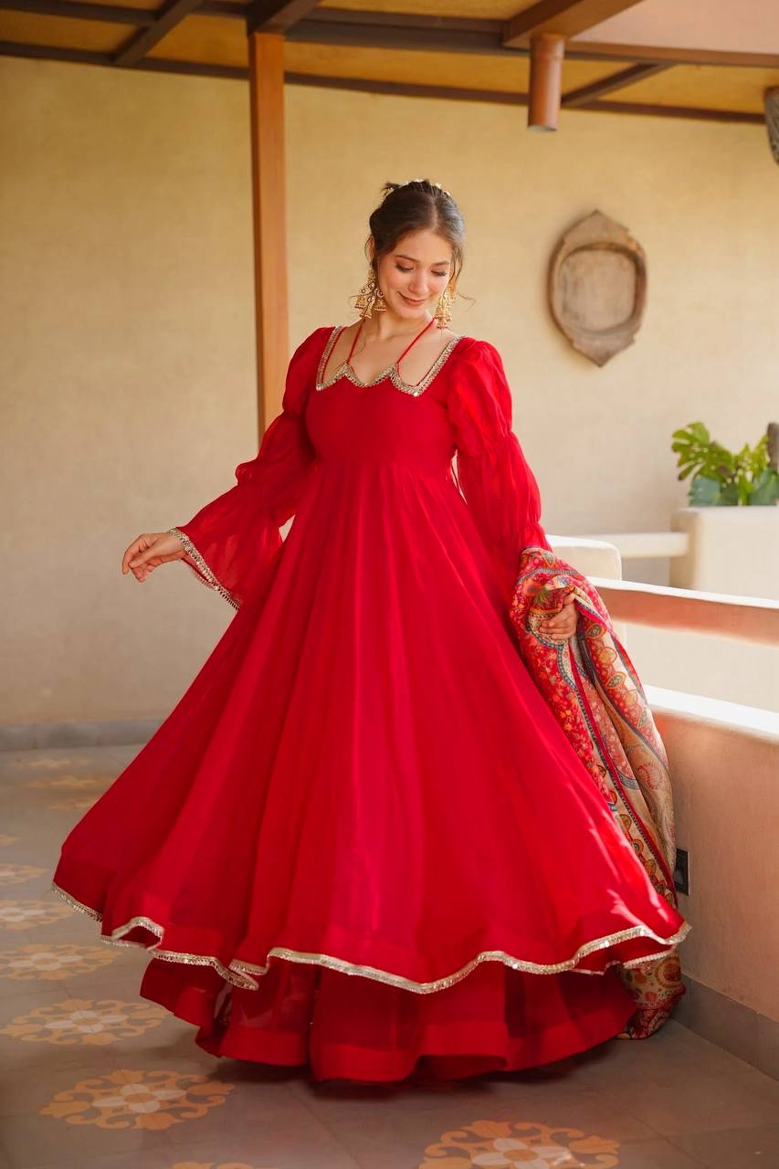 Chic Cherry Red Georgette Flared Anarkali Kurti with Wide Pants & Kalamkari Print Dupatta Set for Women