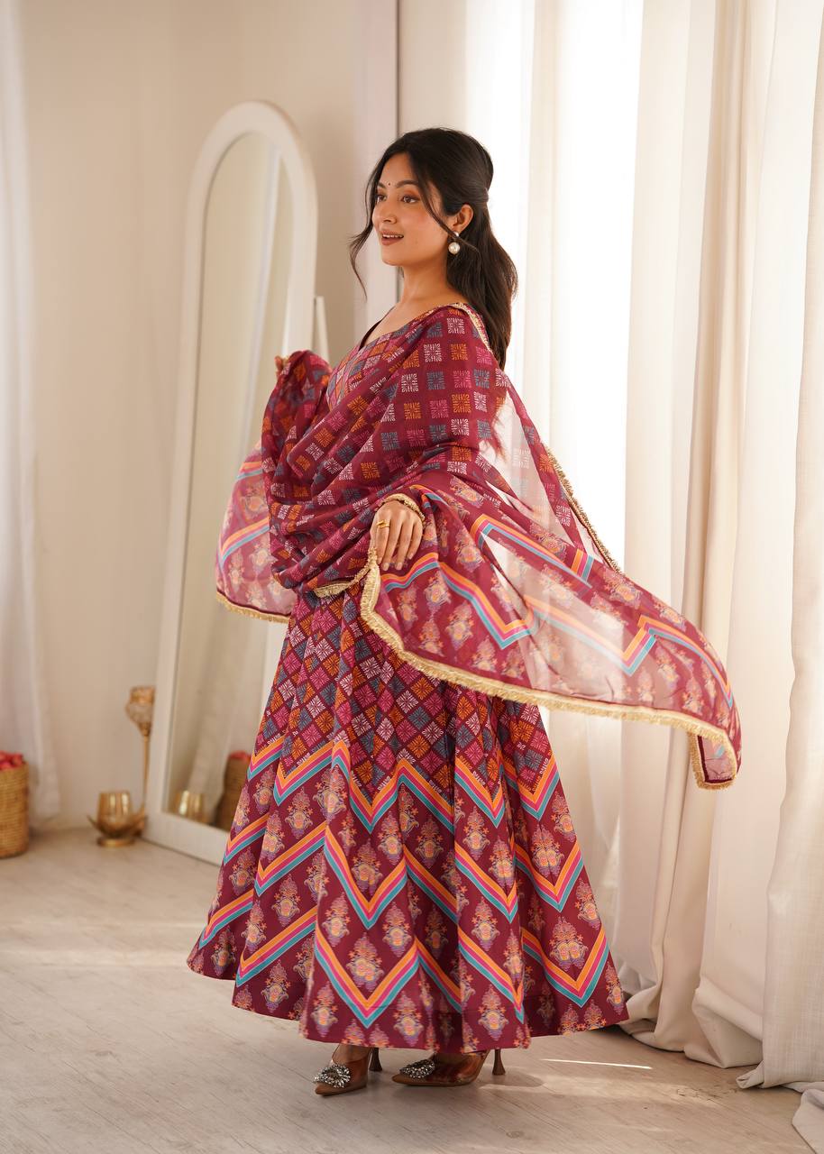 Maroon Geometric Printed Anarkali Suit Set with Dupatta