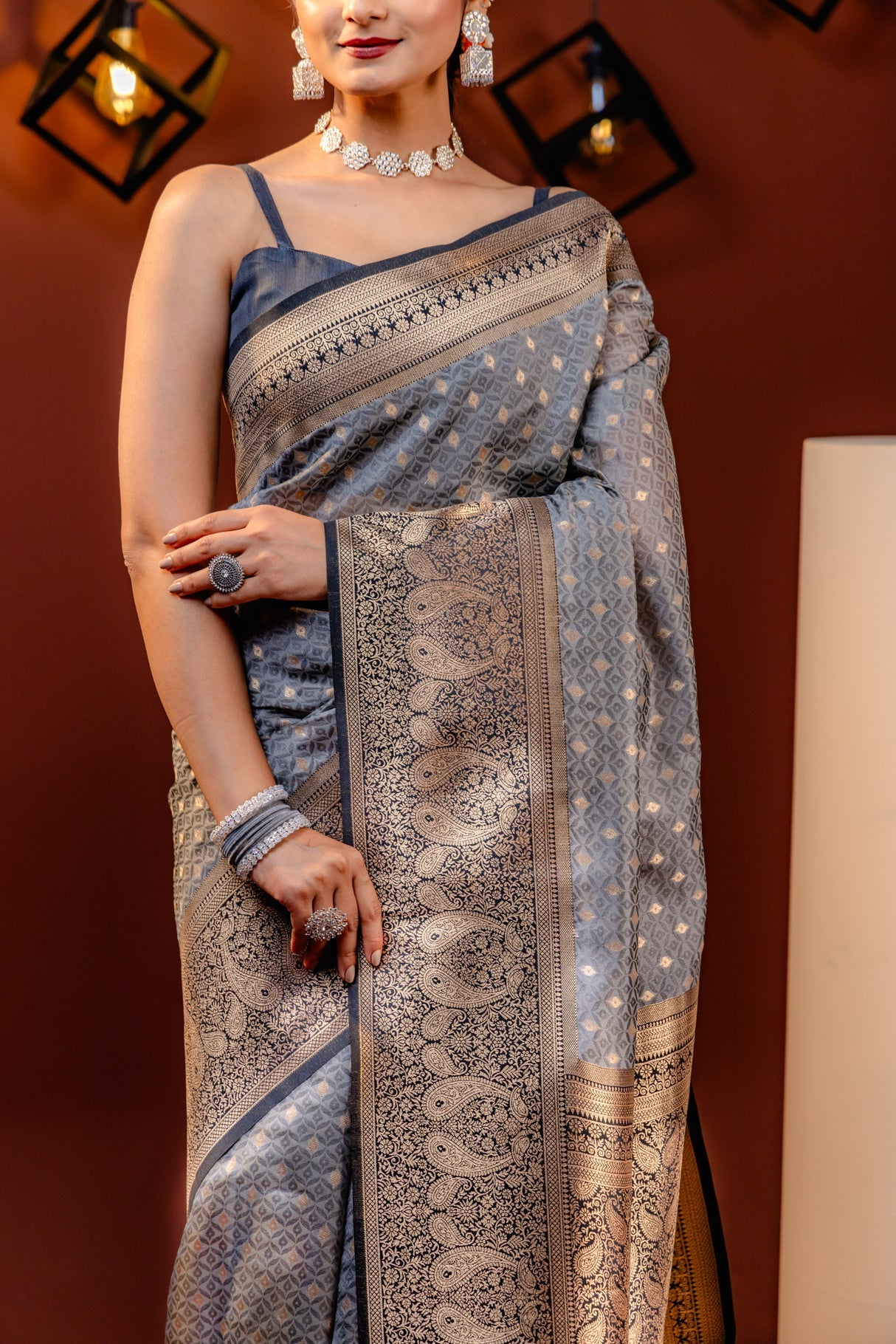 Grey Silk Saree with Gold Zari Border
