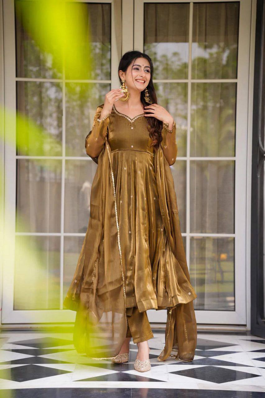 Luxurious Olive Gold Metallic Tissue Anarkali Kurti with Pants & Bordered Dupatta Set for Women