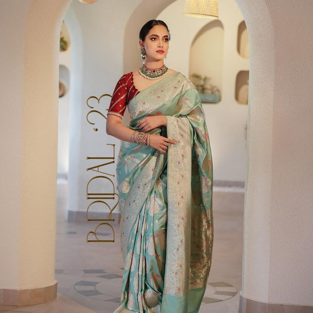 Mint Green Silk Saree with Gold Zari & Red Blouse