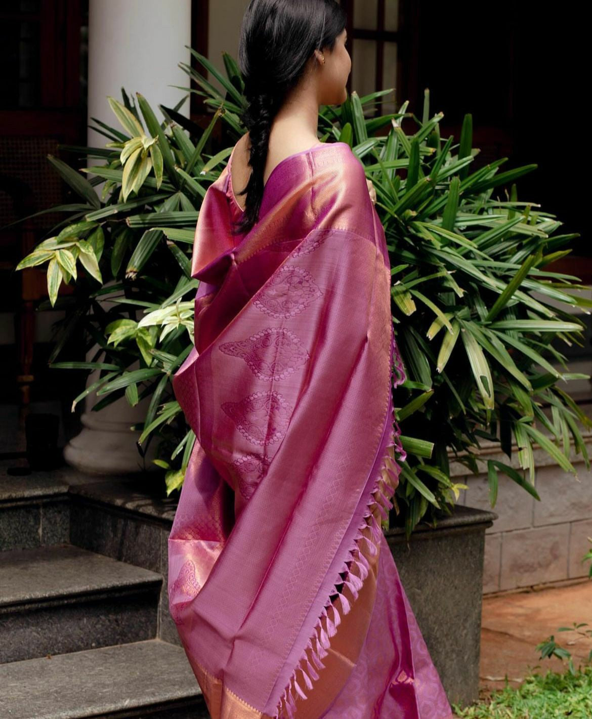 Pink Silk Saree with Purple Zari Border