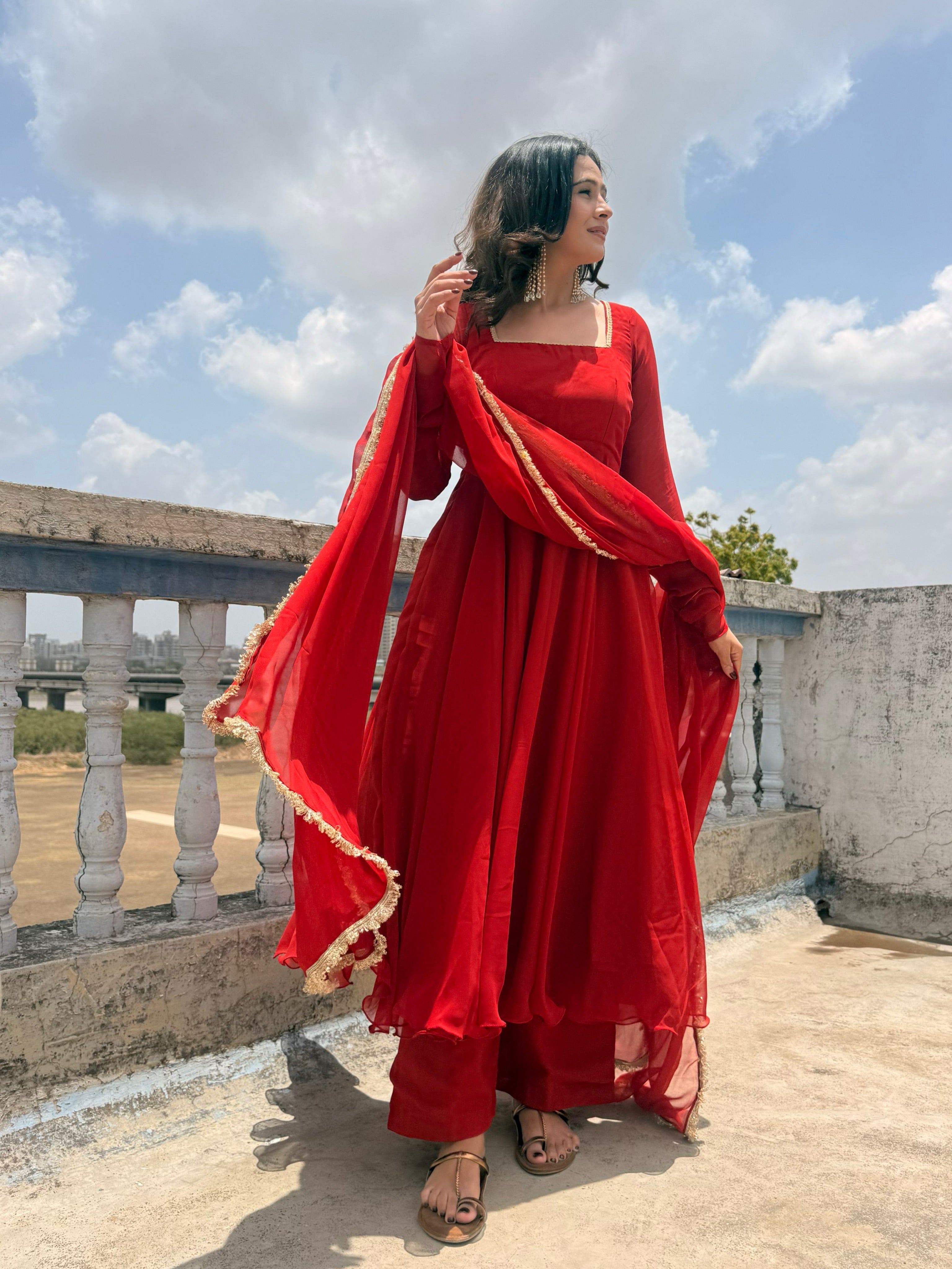 Classic Red Georgette Anarkali Suit Set with Lace Border Dupatta