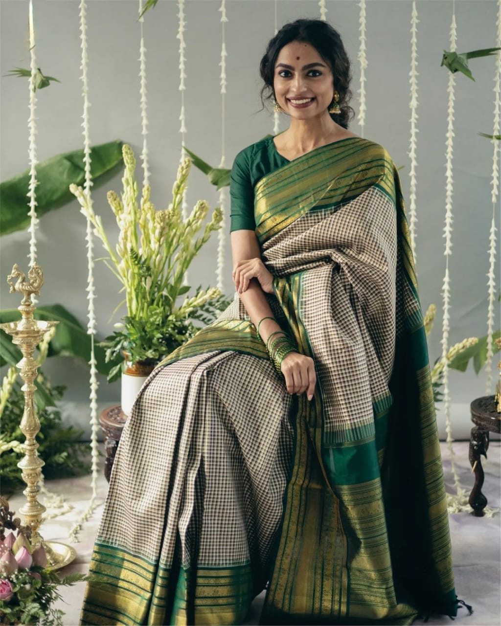 Green Cotton Saree with Beige Checks & Gold Border