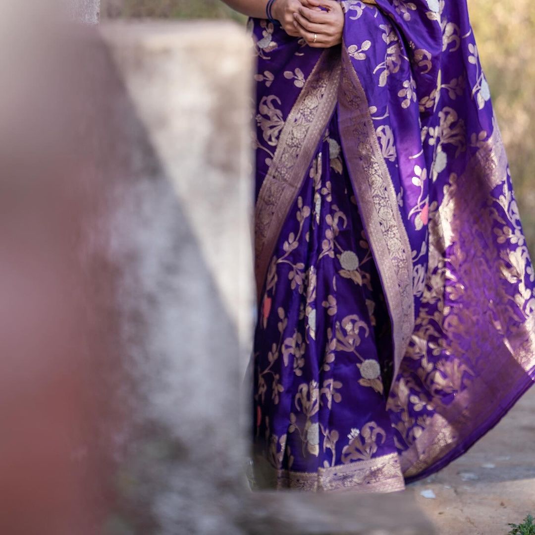 Purple Floral Woven Silk Saree with Zari Border