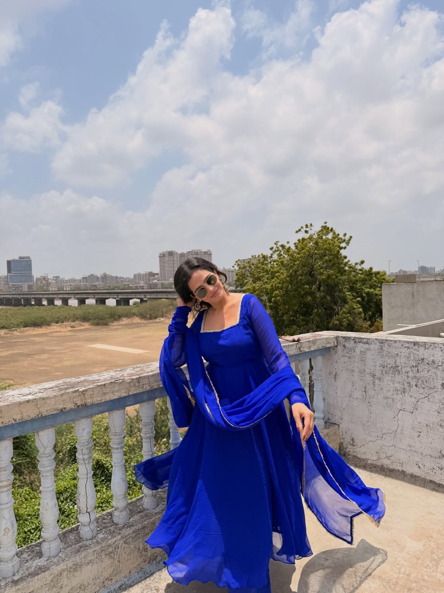 Royal Blue Georgette Anarkali Suit Set with Gold Border Dupatta