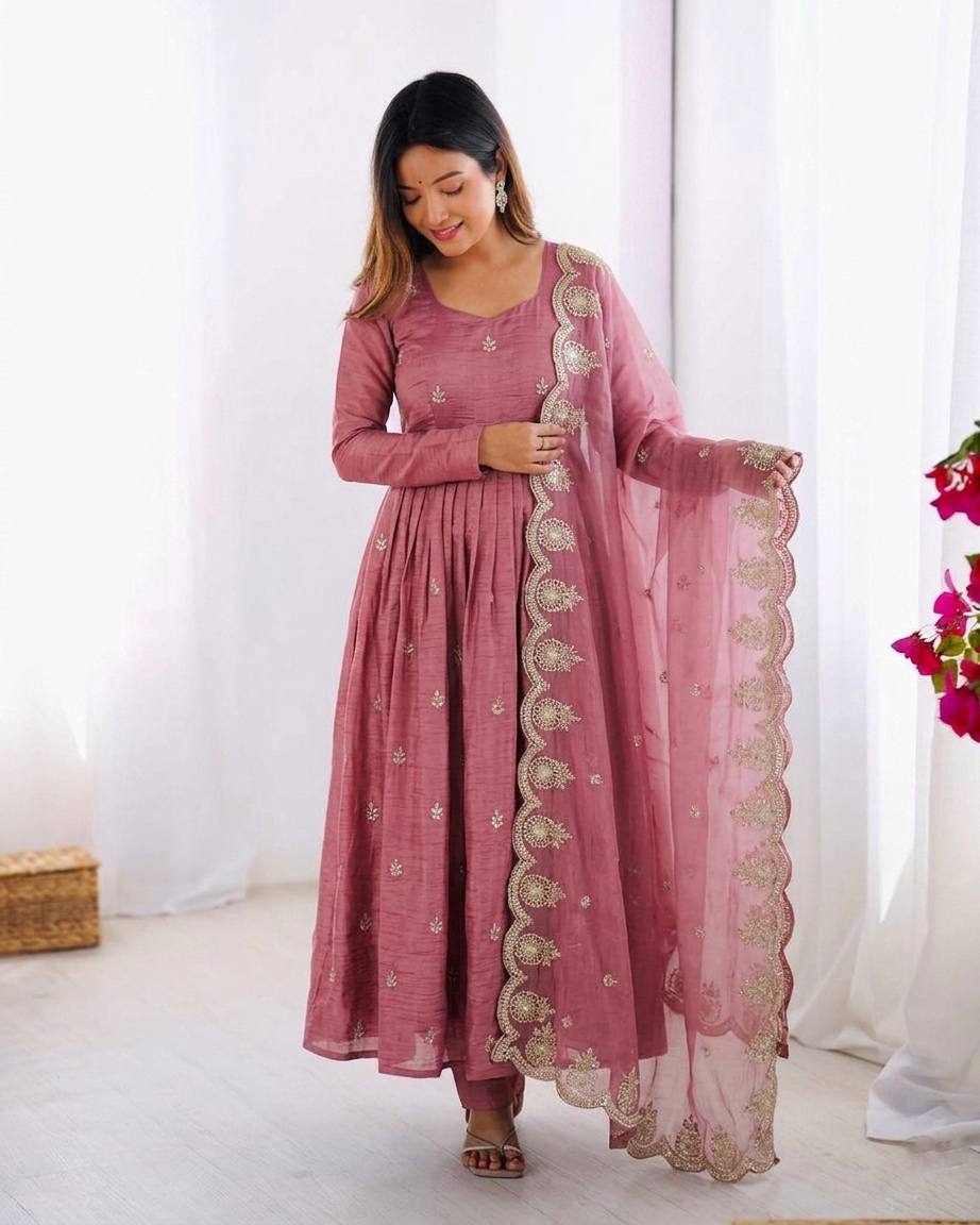 SEO Title Dusty Rose Textured Silk Anarkali Suit Set with Cutwork Scallop Dupatta