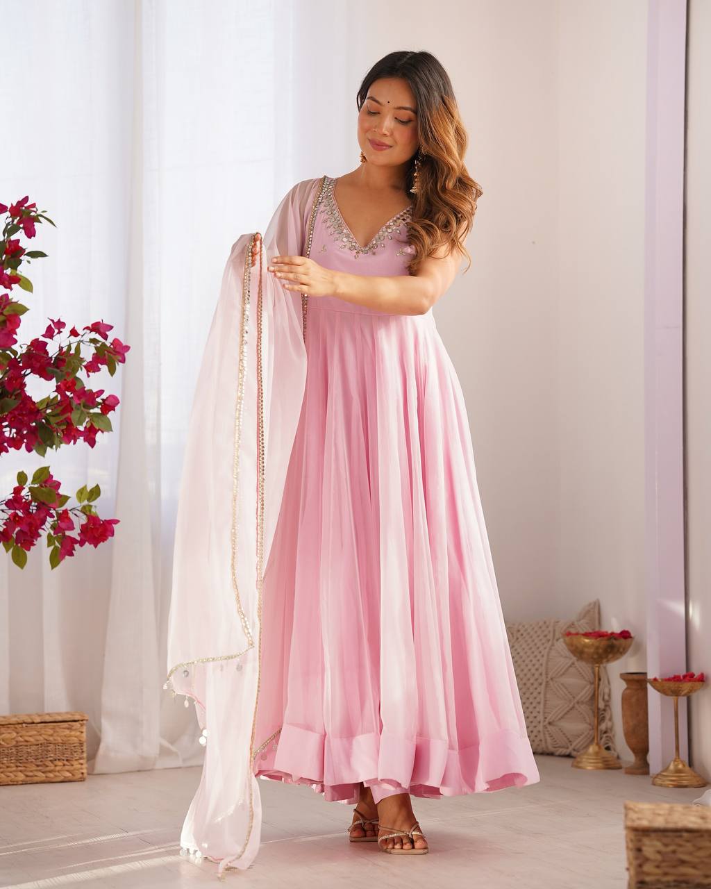 Pink Anarkali Gown for Women with Dupatta