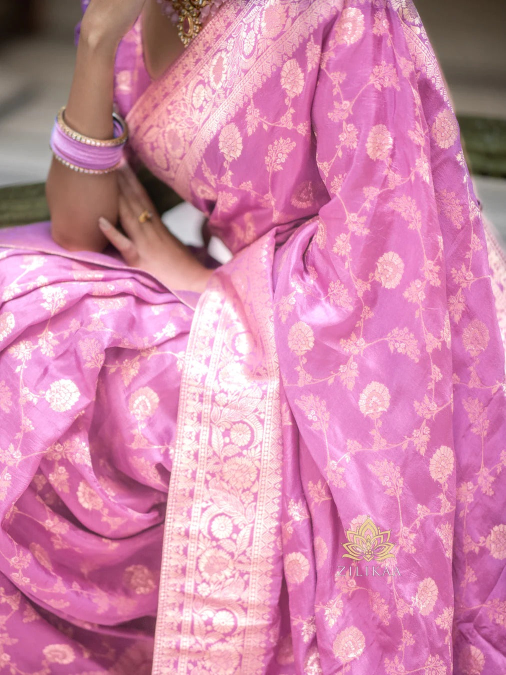 Baby Pink Silk Saree with Gold Zari Work