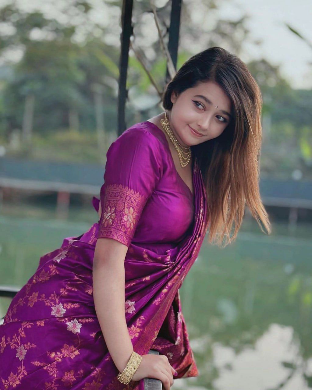 Purple Silk Saree with Gold Floral Motifs