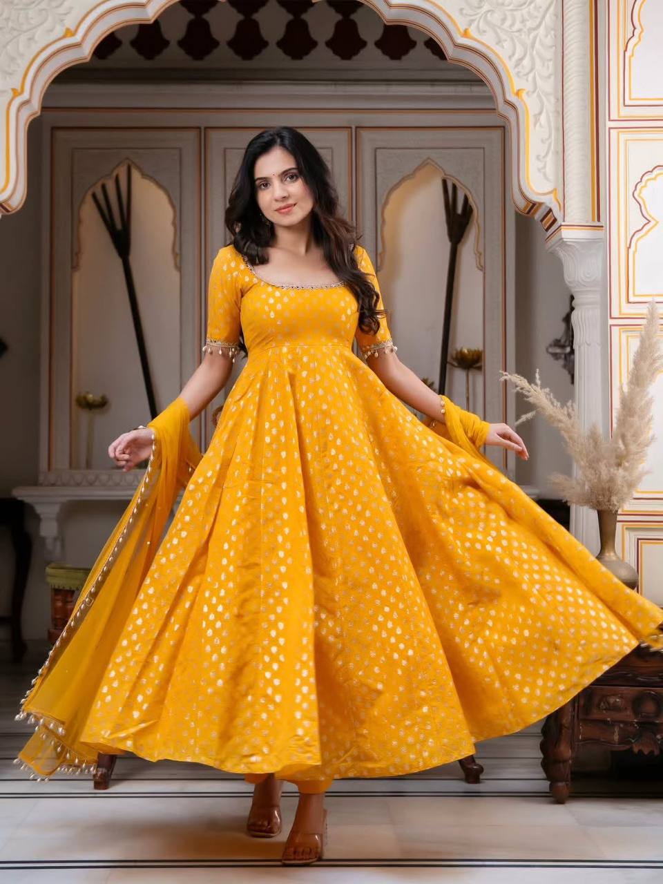 Radiant Bright Mustard Yellow Banarasi Jacquard Booti Anarkali Kurti with Chooridaar & Sheer Bordered Dupatta Set for Women