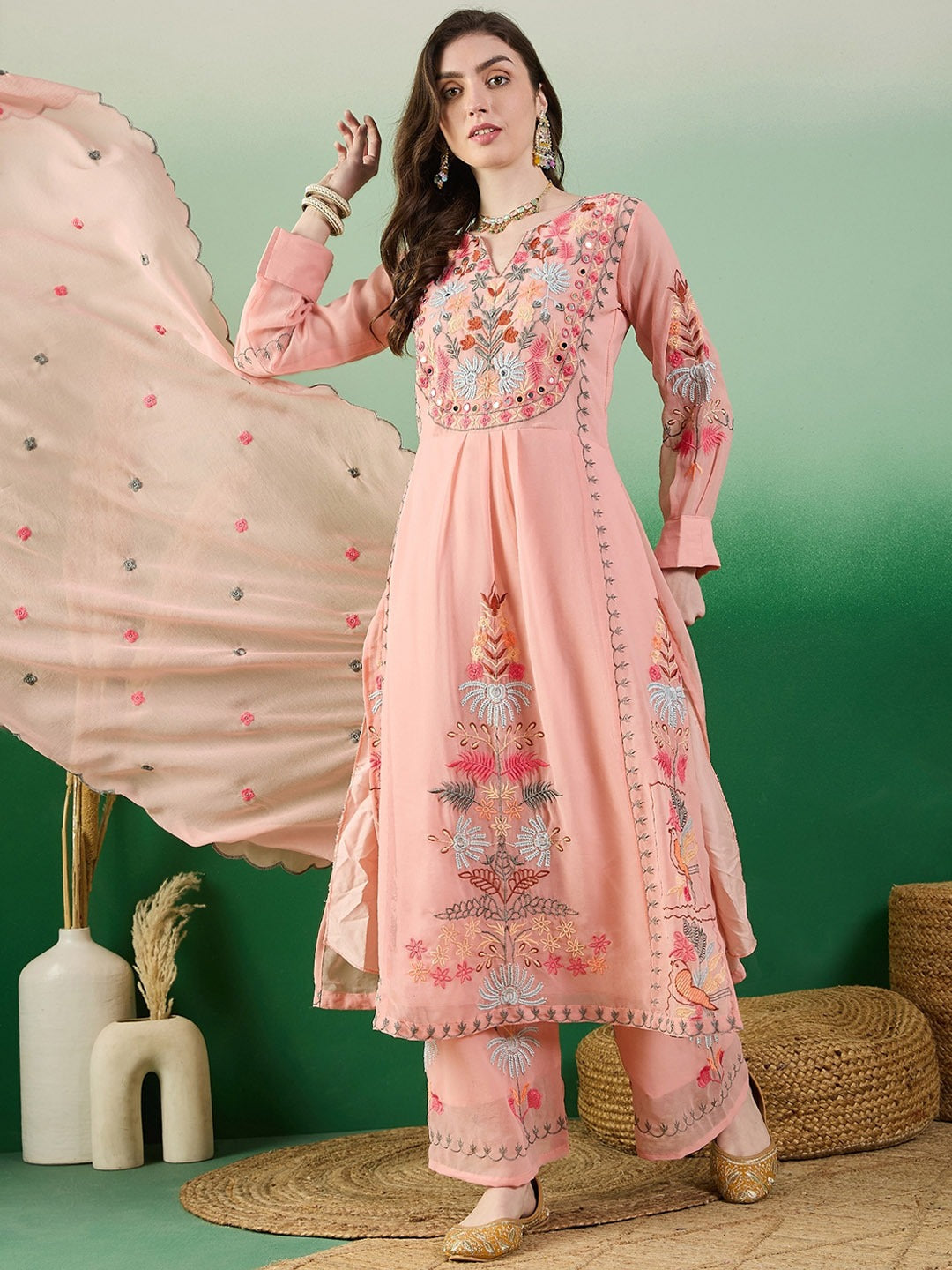 Peach Embroidered Kurta Set with Dupatta | Soft Festive & Ethnic Wear Suit