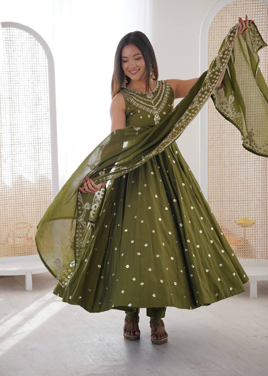 Sleeveless Heavy Yoke Embroidered Anarkali Suit with Cutwork Mirror Border Dupatta Set for Women
