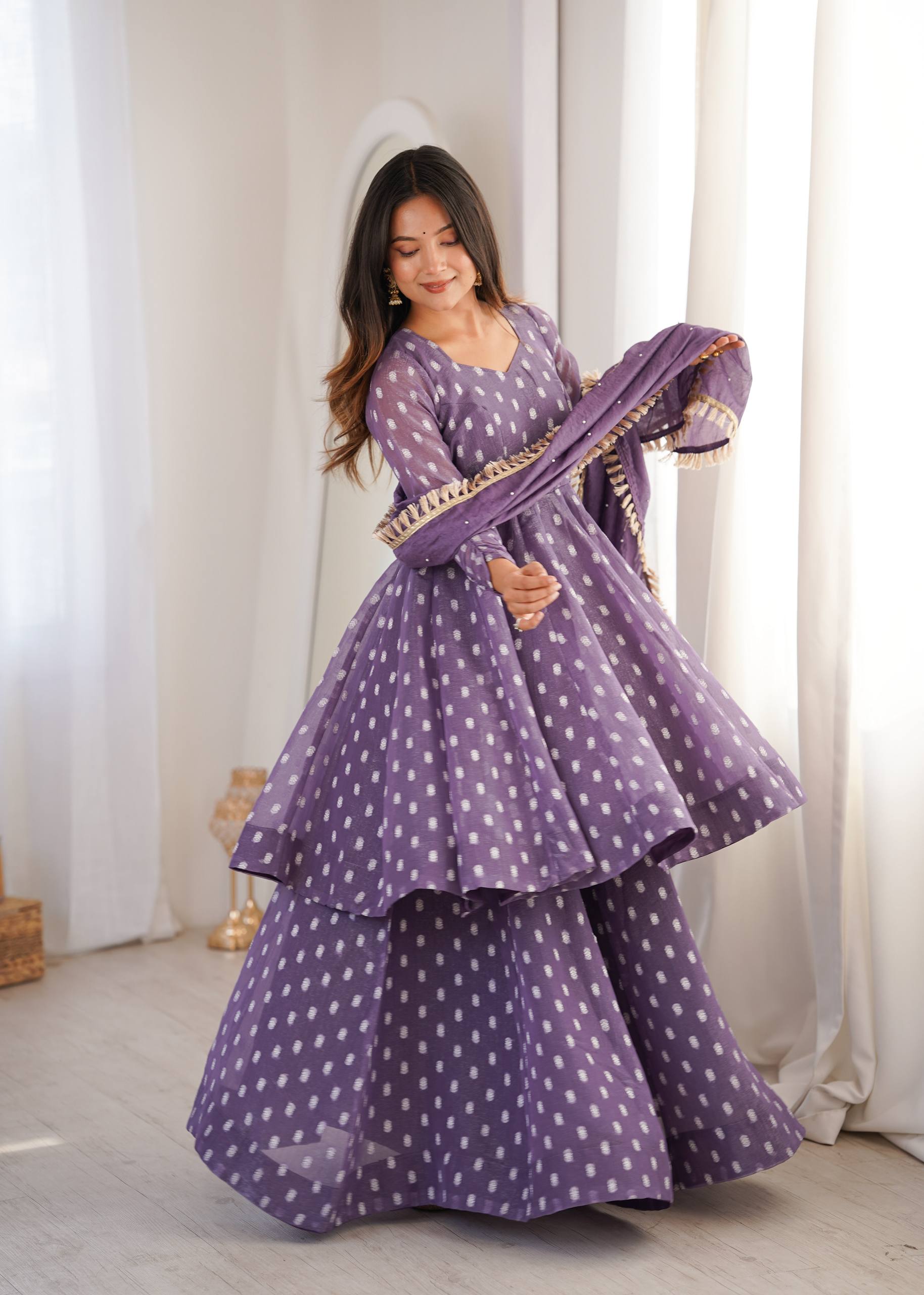 Organza Jaal Print Peplum Sharara Suit Set with Fringe Lace Dupatta