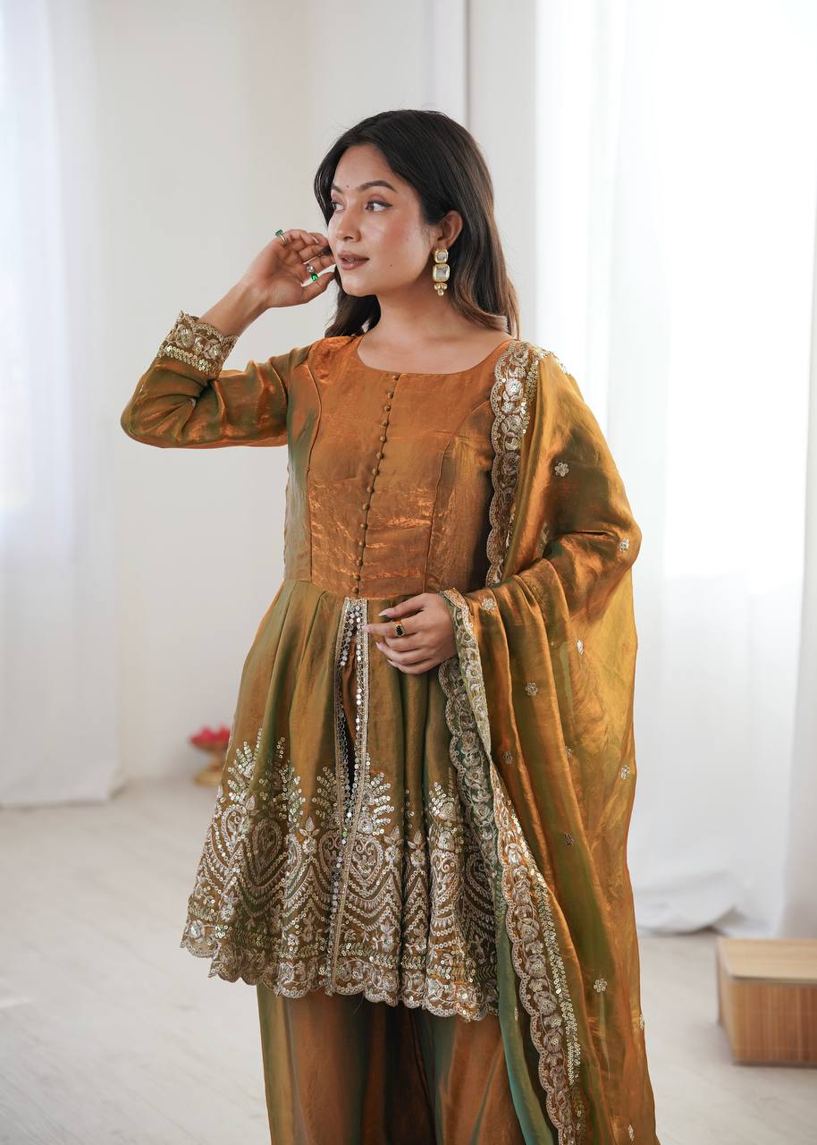 Heavily Embellished Tissue Silk Short Kurta Sharara Set with Organza Dupatta
