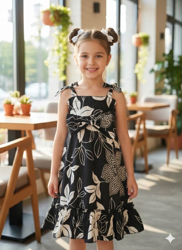 Black & White Floral Printed Ruffle Dress for Girls