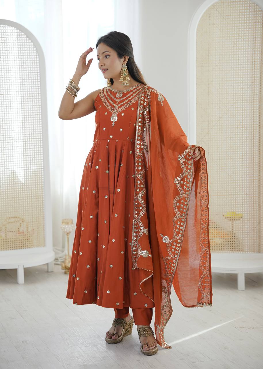 Sleeveless Heavy Yoke Embroidered Anarkali Suit with Cutwork Mirror Border Dupatta Set for Women