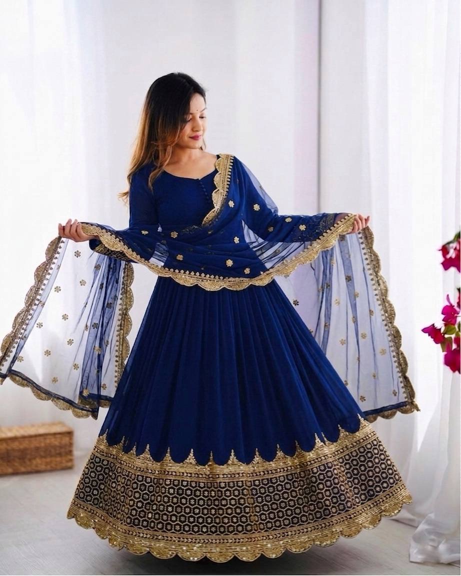 Georgette Anarkali Suit Set with Heavy Scallop Embroidered Border & Dupatta
