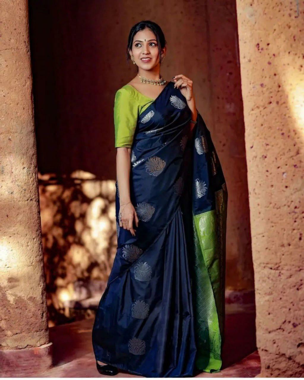 Navy Silk Saree with Silver Motifs and Rich Green Pallu