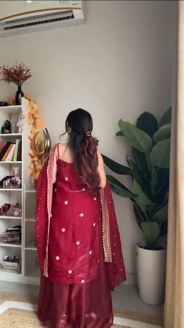 Elegant Maroon Crimson Silk Strappy Kurti Set with Gold Embroidered Bootis & Lace Border Dupatta for Women