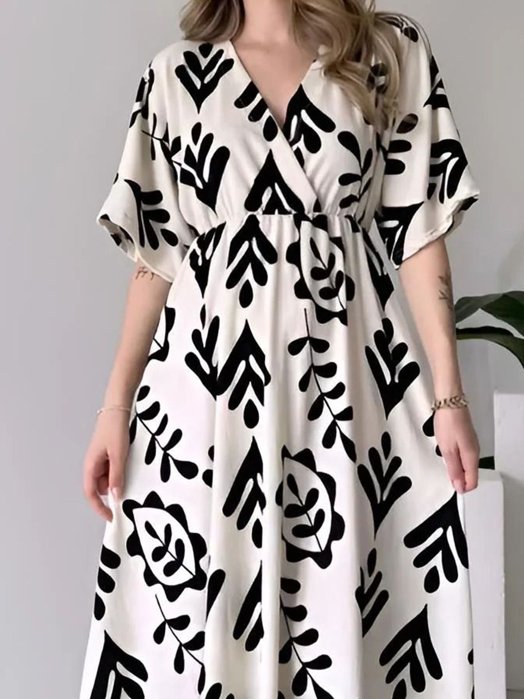 Classic White Dress with Black Print
