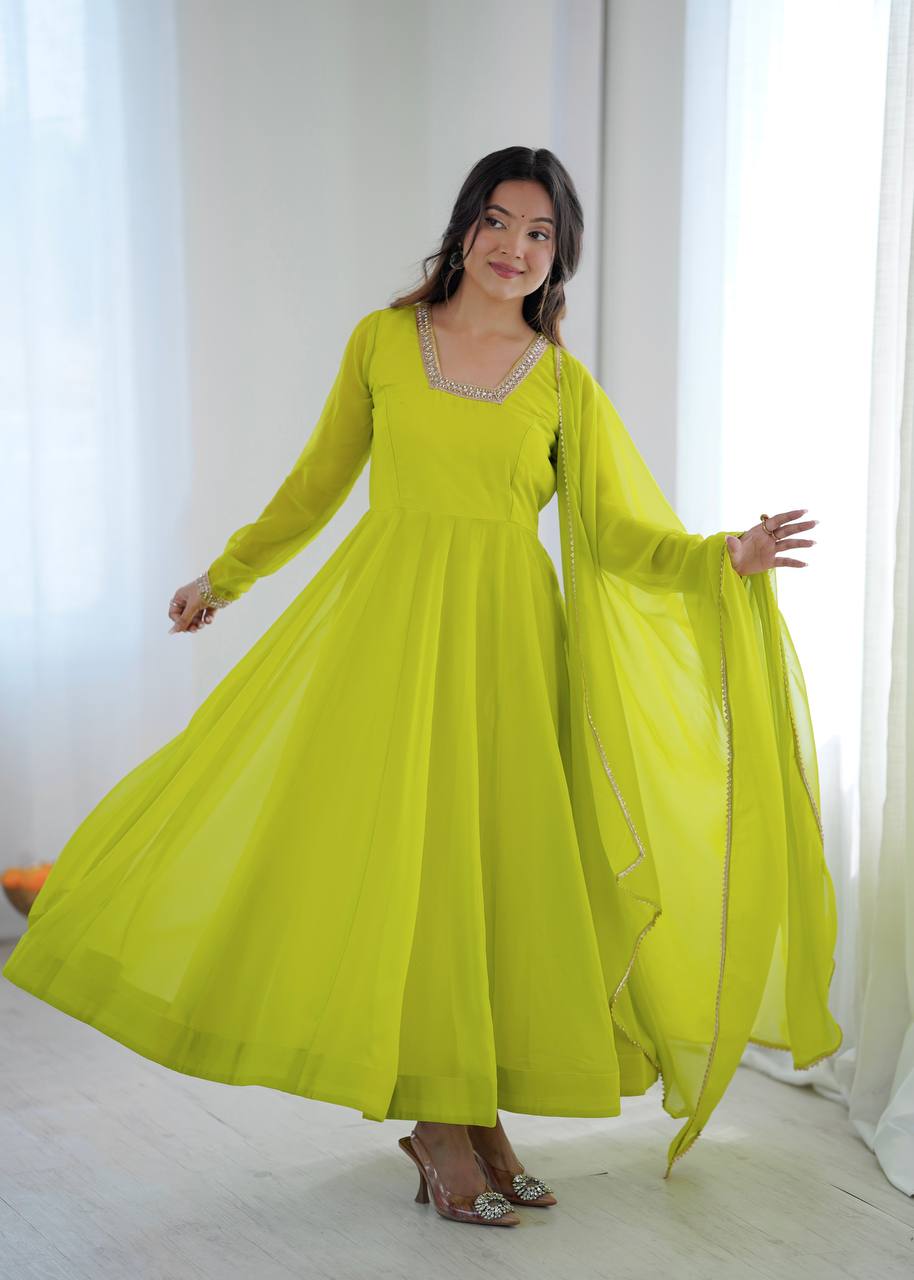 Lime Green Georgette Anarkali Suit Set with Embroidered Neck