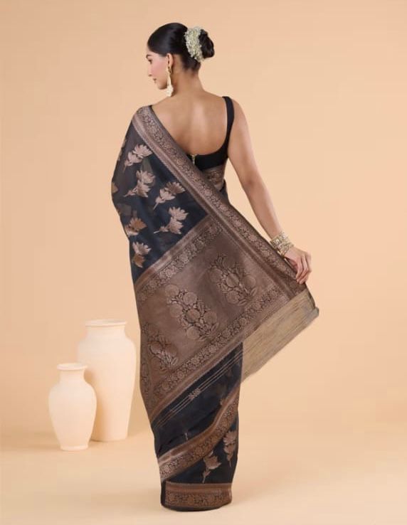 Black Silk Saree with Rose Gold Zari Border