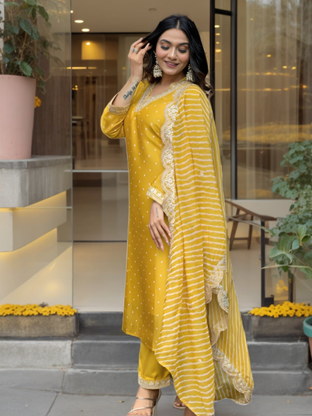 Yellow Embellished Kurta With Bottom and Dupatta Set